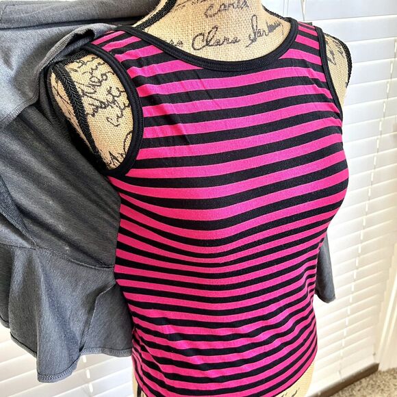 Paper tee Juniors X-Small Grey Pink Polka Dot Stripe Jacket Blouse Top Crew Neck - Picture 11 of 12